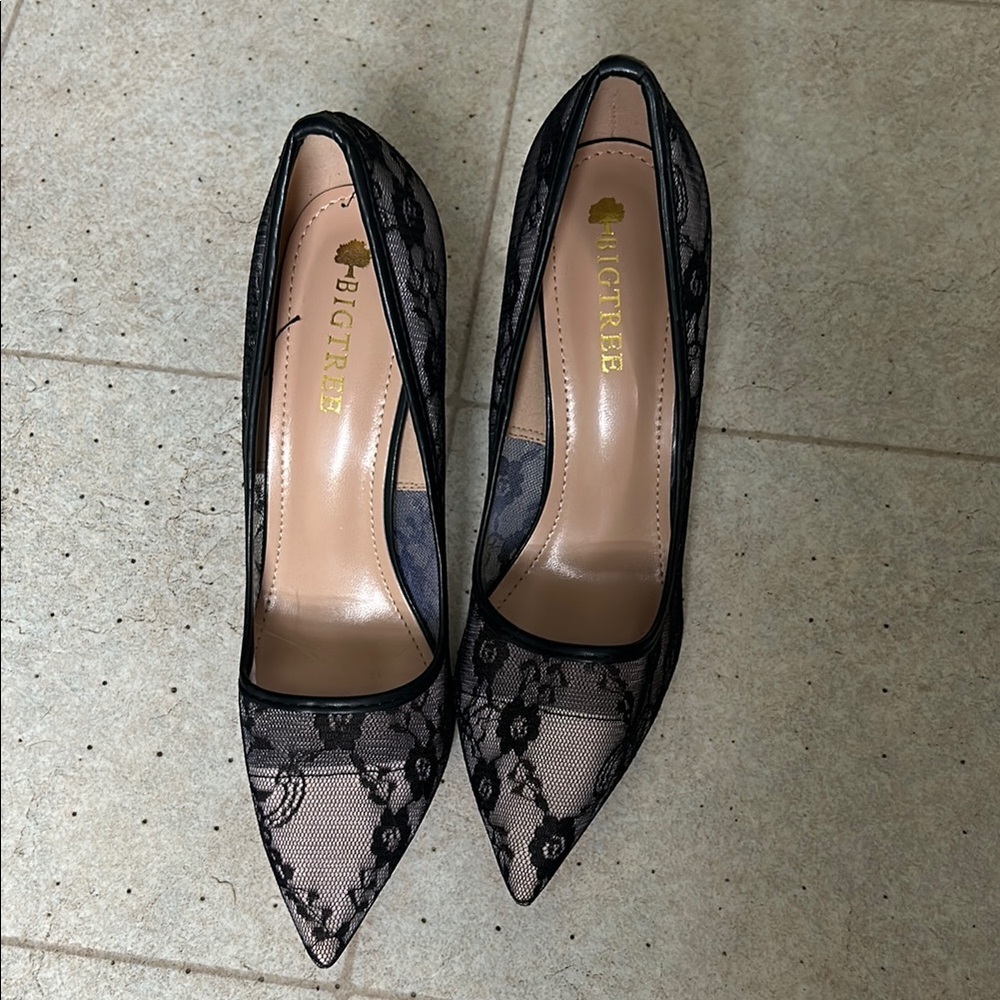 Elegant Black Lace Pointed Toe Heels - Picture 2 of 2